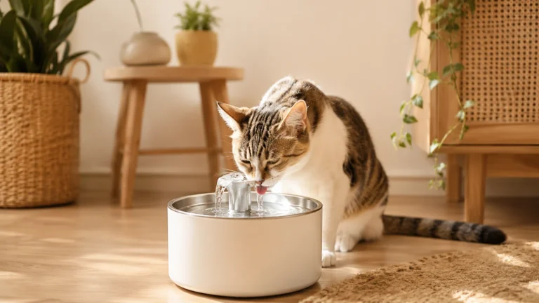 Gato bebendo água em uma fonte dentro de casa