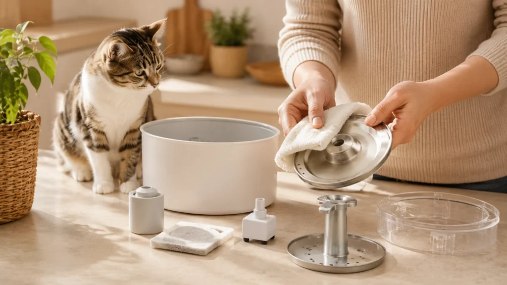Pessoa limpando as peças de uma fonte de água para gatos