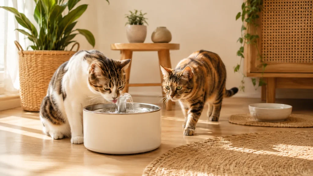 Dois gatos próximos a uma fonte e outro ponto de água dentro de casa