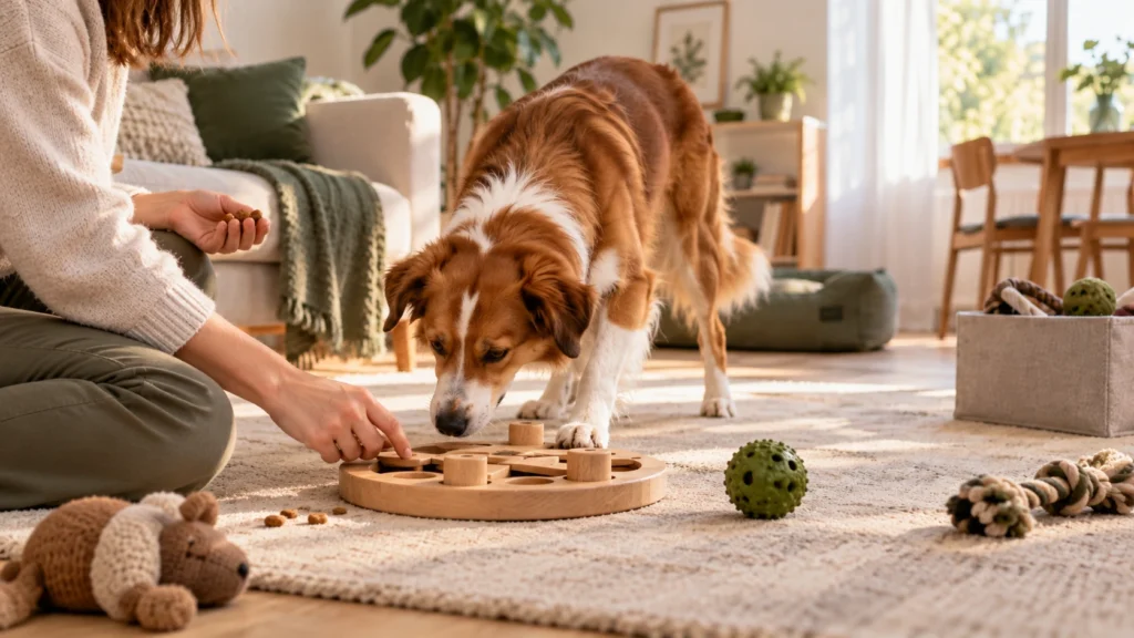 Tutor usando brinquedo interativo com cachorro durante atividade de enriquecimento