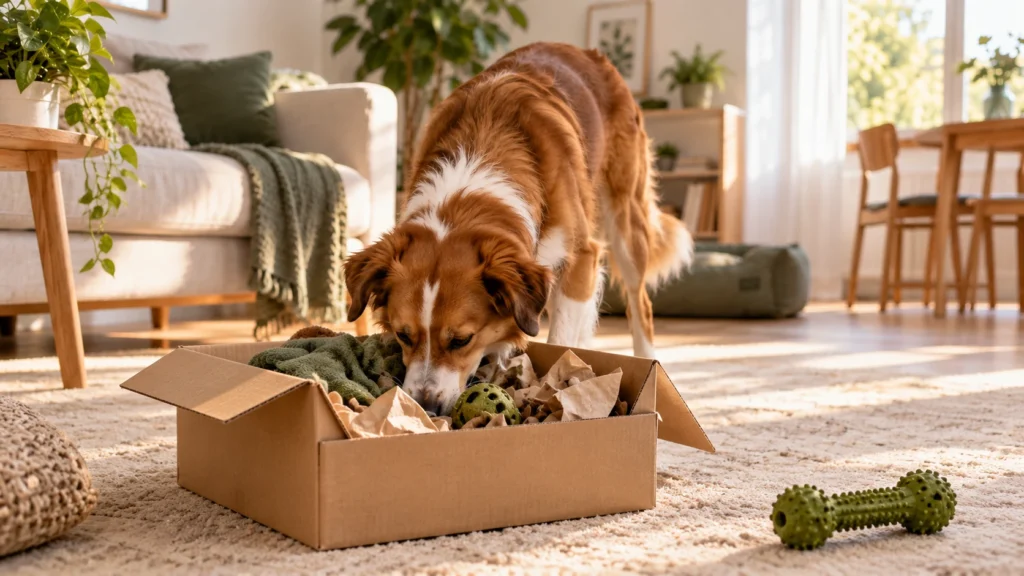 Cachorro explorando uma caixa de papelão com brinquedos e recompensas