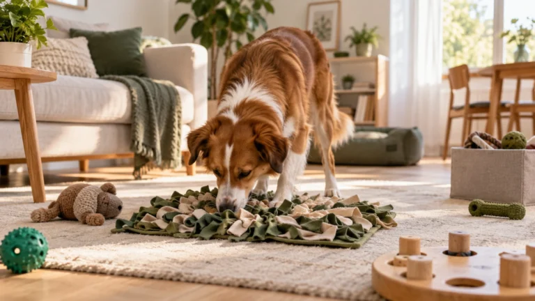 Cachorro farejando um tapete de enriquecimento ambiental dentro de casa