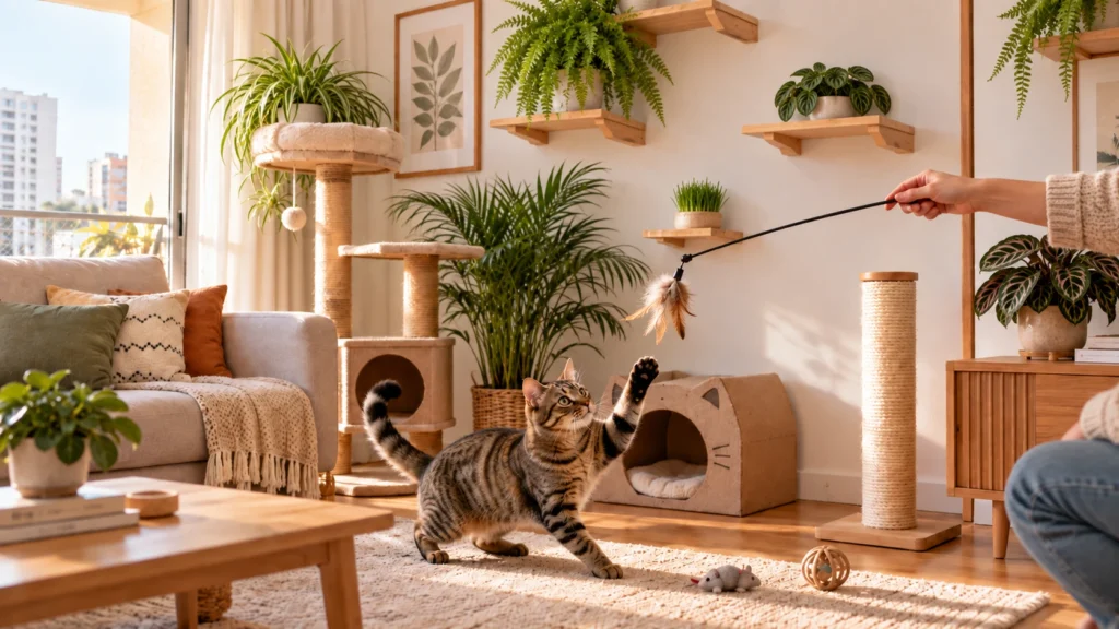 Gato brincando com uma varinha em ambiente interno