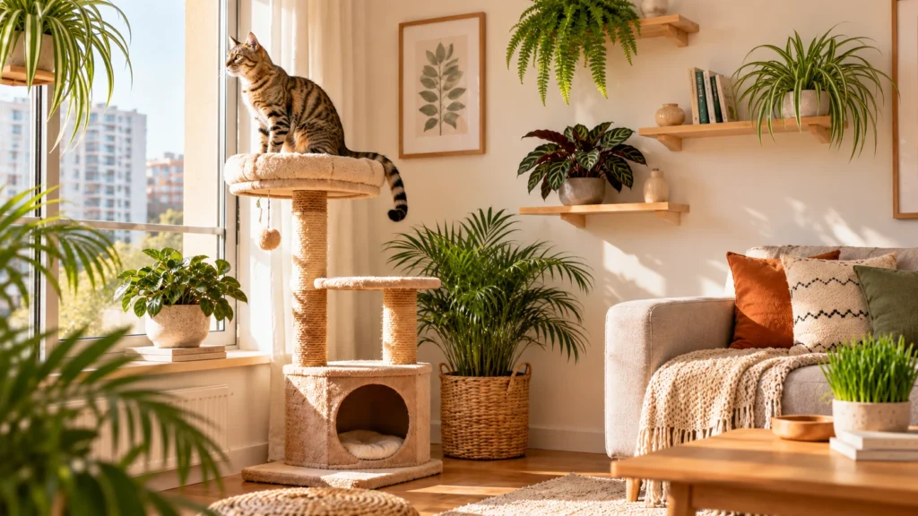 Gato em ponto elevado observando o ambiente pela janela