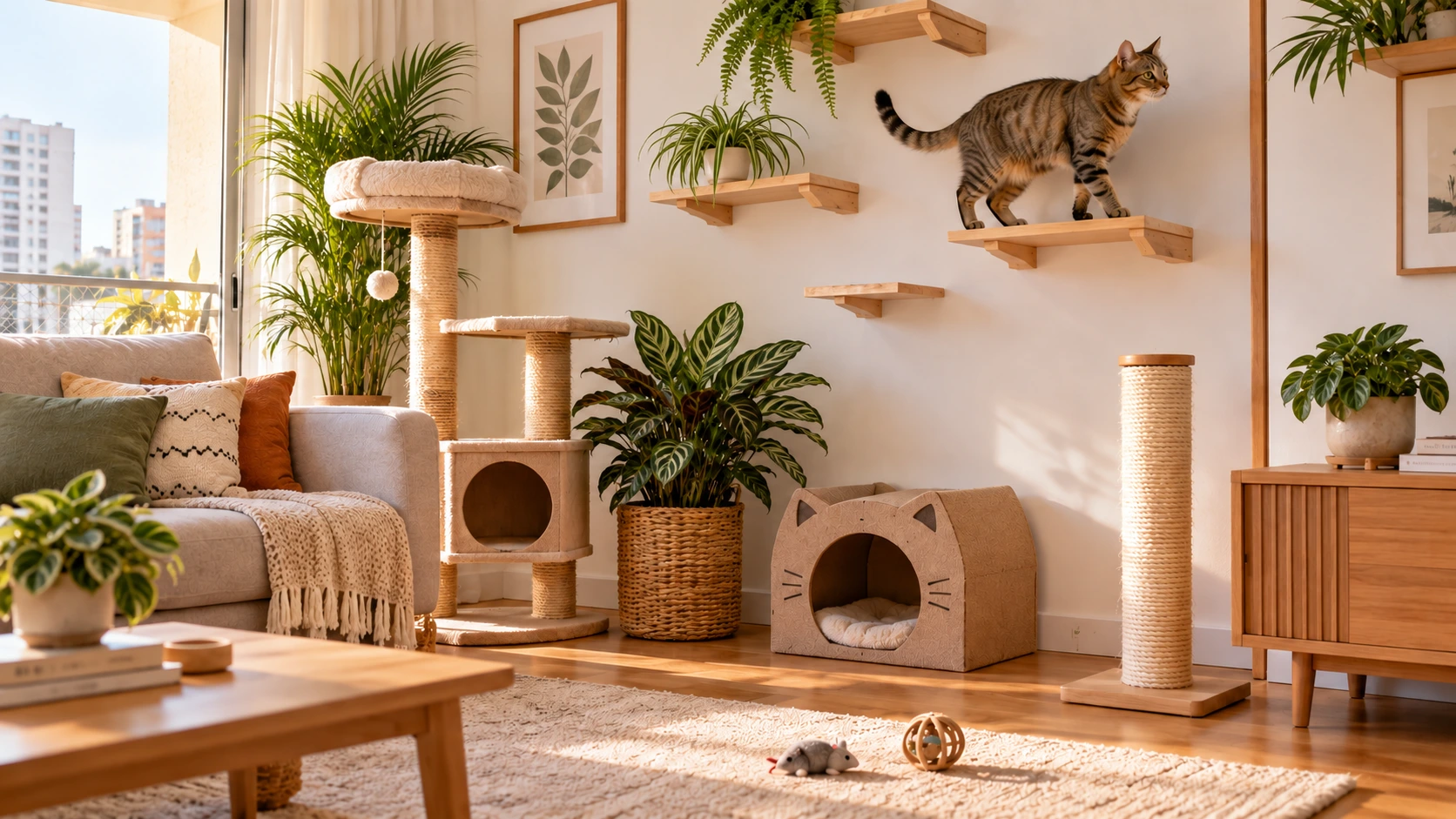 Gato explorando uma sala preparada com prateleiras, arranhador e brinquedos