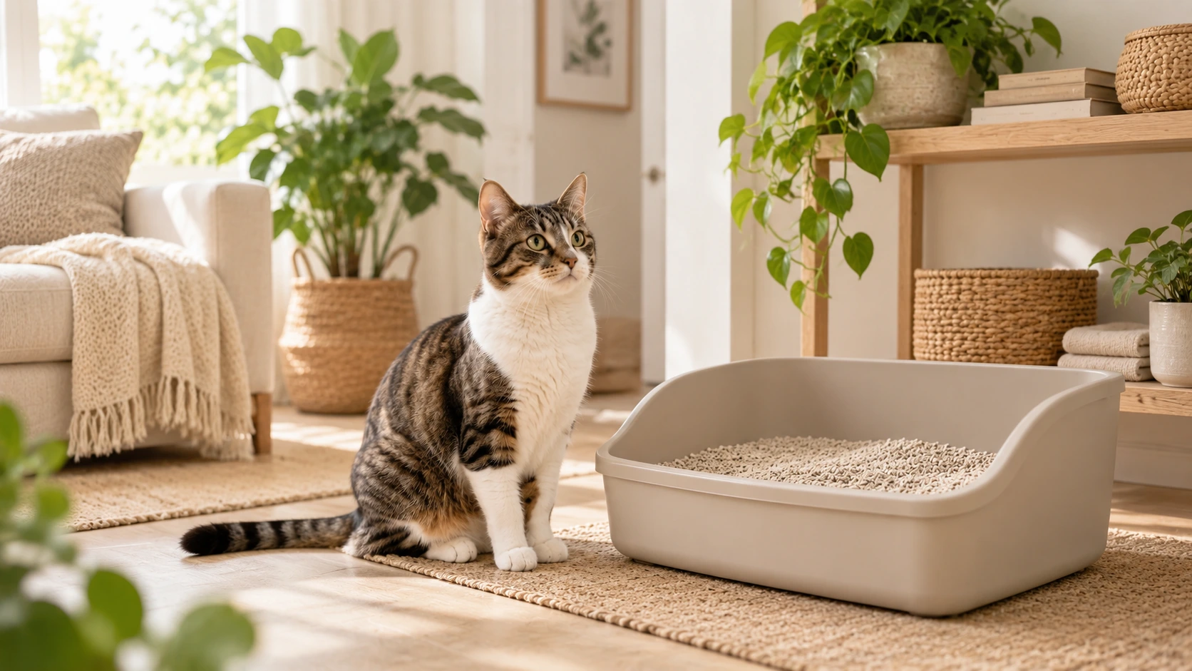 Gato ao lado de uma caixa de areia com granulado fino