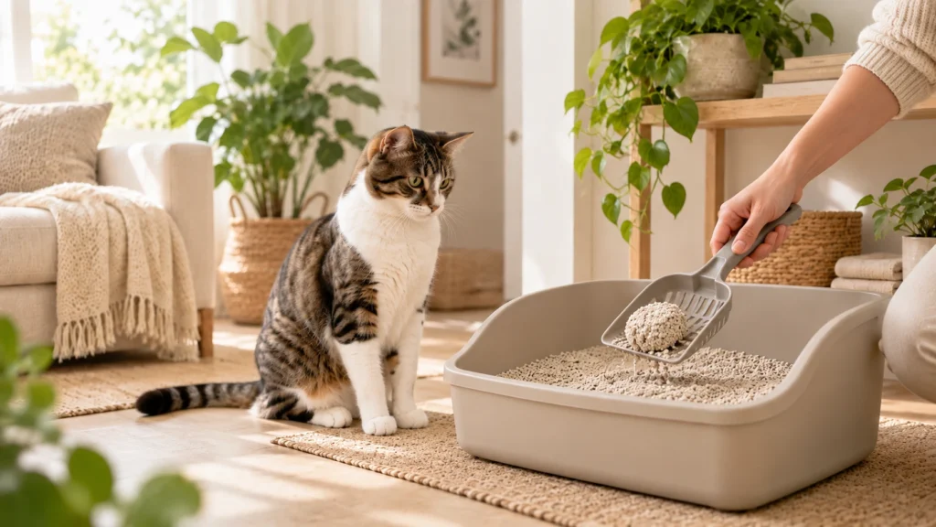 Pessoa retirando torrão de areia da caixa enquanto gato observa