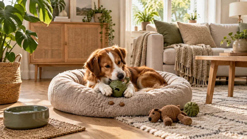 Cachorro tranquilo usando brinquedo interativo enquanto fica sozinho em casa