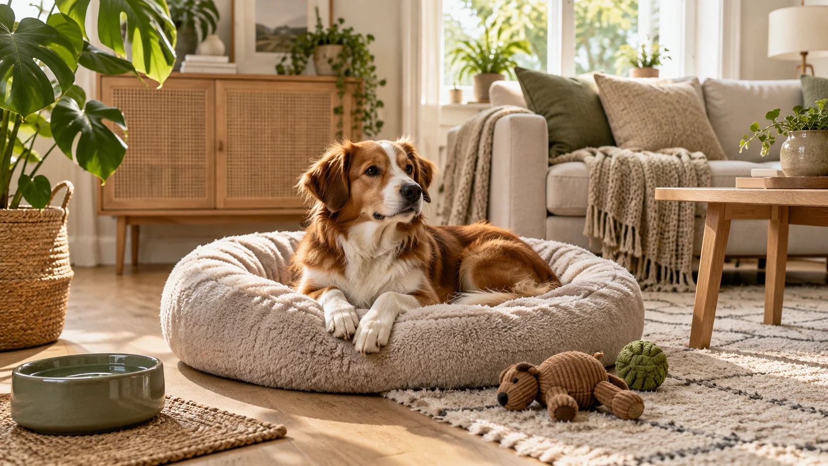 Cachorro descansando sozinho e tranquilo em uma sala confortável