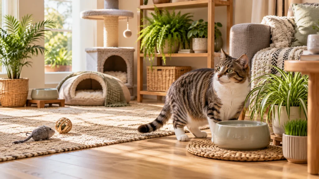 Gato em ambiente seguro com mais de um ponto de água disponível