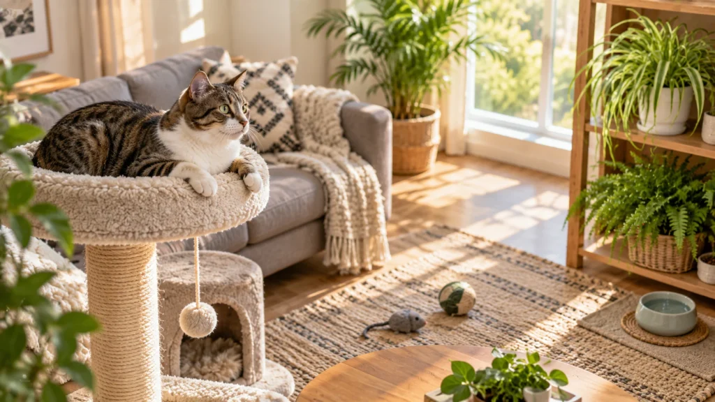Gato descansando em ponto elevado em uma sala com brinquedos e água