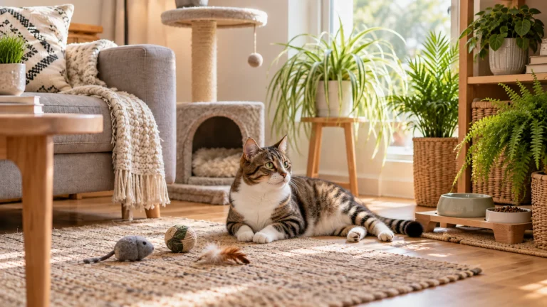 Gato sozinho em uma sala preparada com água, brinquedos e arranhador