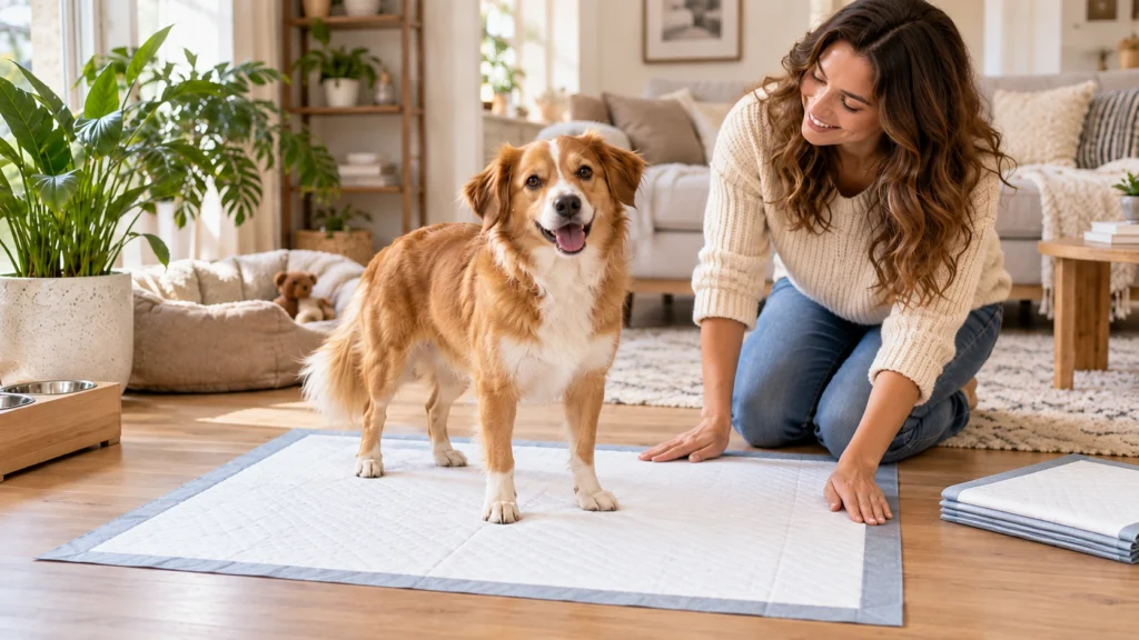 Cachorro completamente posicionado sobre tapete higiênico de tamanho adequado