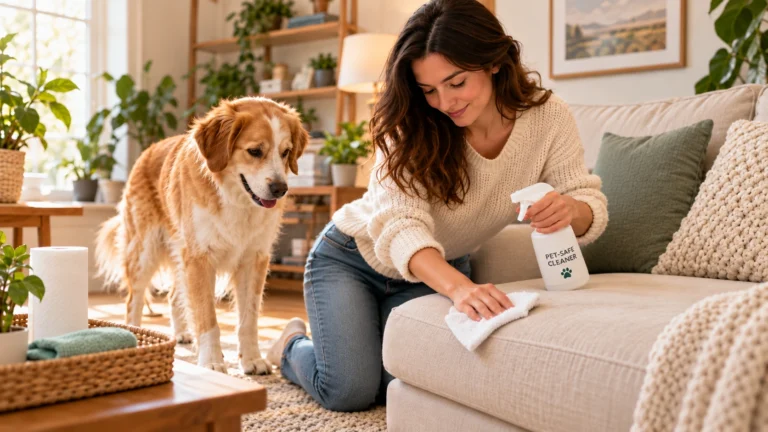 Mulher limpando sofá com produto seguro para pets enquanto cachorro observa ao lado
