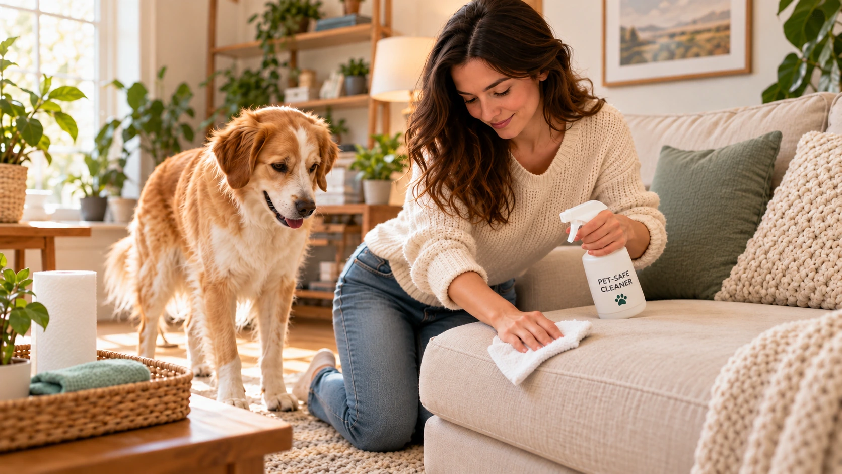 Mulher limpando sofá com produto seguro para pets enquanto cachorro observa ao lado