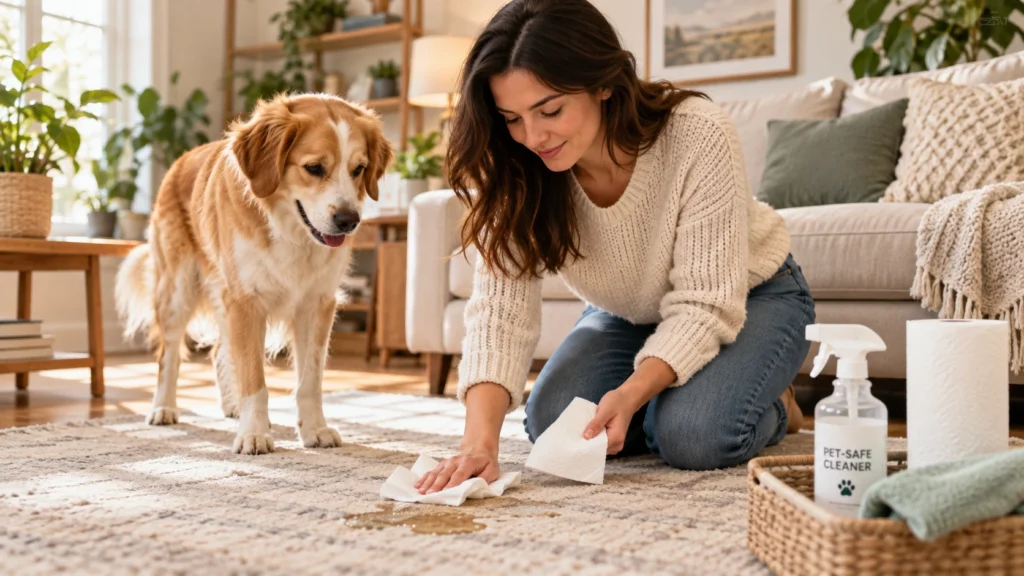 Mulher absorvendo xixi do cachorro no tapete com papel-toalha antes da limpeza