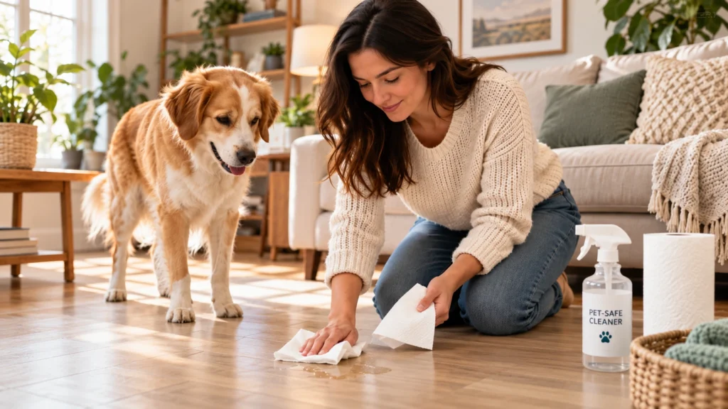 Mulher limpando xixi de cachorro do chão com papel-toalha e produto pet safe