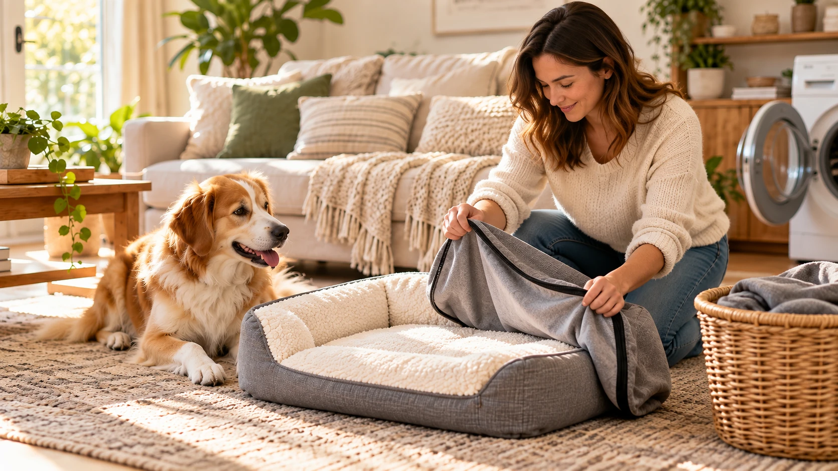 Tutora retirando a capa da cama do cachorro para lavar enquanto o cão observa ao lado.