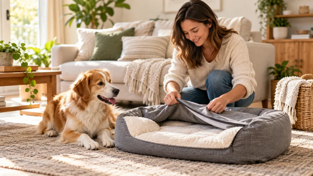 Tutora abrindo a capa removível da cama do cachorro antes da lavagem.