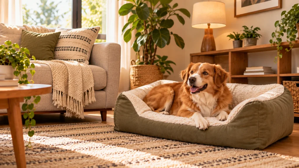 Cachorro descansando em cama posicionada fora da área de circulação da sala