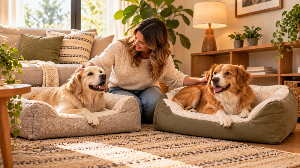Dois cachorros descansando em camas separadas dentro de casa